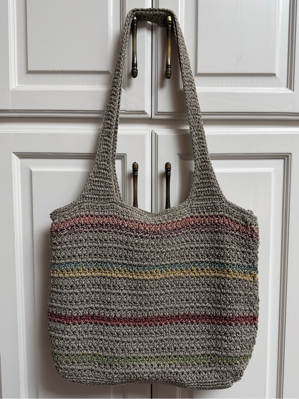 The Sak Crochet Shoulder Bag Taupe Brown with Multi Color Stripes